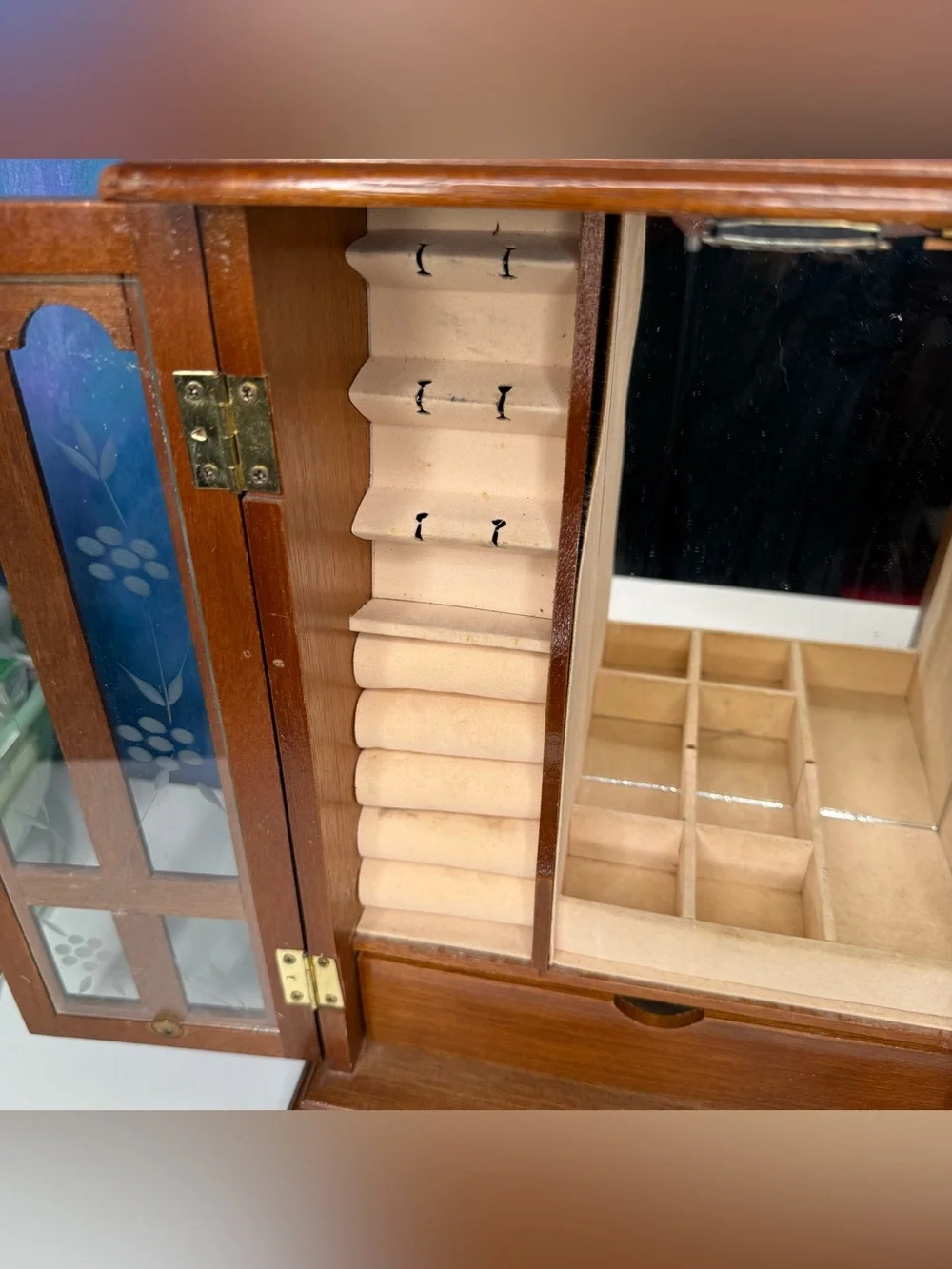 Vintage Wooden Jewelry Box Etched Floral Glass 1980s Armoire Chest Mirror Drawer
